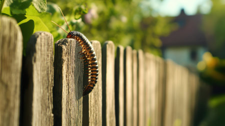 A vibrant caterpillar crawls along a rustic wooden fence in a serene garden, showcasing the beauty of nature. The image captures the essence of outdoor life.の素材