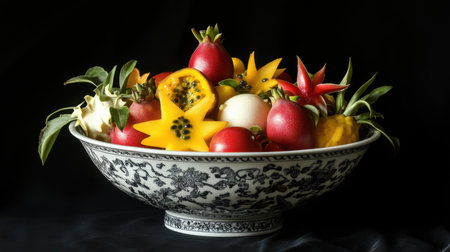 This captivating still life features a diverse array of exotic fruits elegantly arranged in a beautifully patterned bowl, creating a striking visual display.の素材