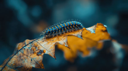 Discover the intricate details of a colorful caterpillar delicately crawling on a fallen autumn leaf, showcasing nature's beauty in a captivating macro photography style.の素材