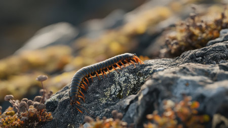 A vibrant millipede makes its way across a rocky surface, surrounded by moss and natural flora, showcasing the intricate details and colors of nature in warm light.の素材