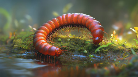 A vibrant red millipede is crawling on a mossy surface in a lush natural setting. This close-up shows intricate details of its anatomy against the serene backdrop of greenery.の素材