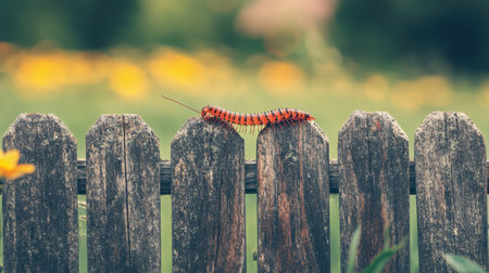A vibrant caterpillar rests atop a rustic wooden fence, seamlessly blending with a colorful garden backdrop, evoking themes of transformation and natural beauty.の素材
