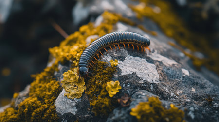 A stunning close-up image showcasing a millipede on a moss-covered rock, highlighting the vibrant textures and colors of the natural forest environment.の素材