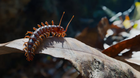This close-up shot captures a centipede on a leaf, displaying its vibrant colors and intricate details in a natural setting, illuminated by gentle sunlight.の素材