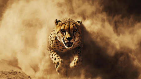 A magnificent cheetah charges through a cloud of dust, showcasing its powerful muscles and fierce expression. The scene captures the raw energy of wildlife in motion.の素材