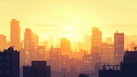 A breathtaking urban skyline captured at sunset, showcasing silhouetted buildings against a warm, golden light. This tranquil scene offers a perfect blend of architecture and nature.の素材