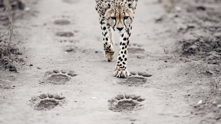 A striking cheetah strides confidently along a dusty trail, leaving behind clear paw prints that showcase its agility and speed in the wild.の素材