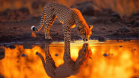 A stunning cheetah leans over a water stream at dawn, capturing a beautiful golden reflection on the surface, showcasing the elegance and stillness of nature.の素材