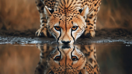 A close-up view of a cheetah drinking water from a reflective surface in its natural habitat. The serene moment captures the beauty and elegance of this incredible animal.の素材