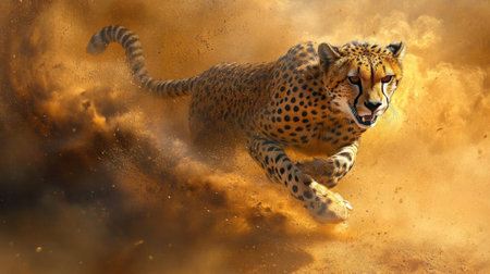 A stunning depiction of a cheetah sprinting through a dusty landscape, showcasing its incredible speed and elegance amid swirling sand and motion.の素材