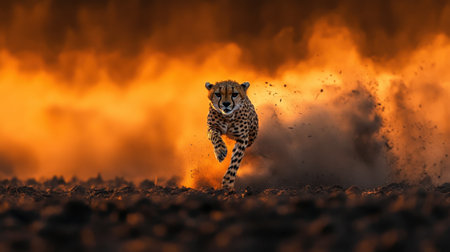 A stunning capture of a cheetah in full sprint across the African terrain, surrounded by the warm hues of an orange sunset, embodying agility and beauty.の素材