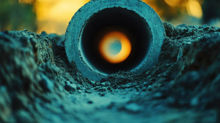 Captivating abstract view of a concrete pipe with glowing light at the end, surrounded by rich earth, creating a stunning perspective in a natural setting.の素材