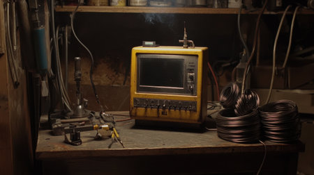 A vintage electronics workbench featuring an old yellow monitor and various tools, embodying a nostalgic atmosphere perfect for showcasing DIY tech spirit and innovation.の素材