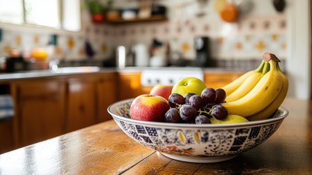 A delightful arrangement of fruits including apples, bananas, grapes, and pears in a decorative bowl set on a rustic wooden table in a bright kitchen.の素材