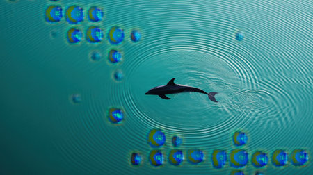 A stunning depiction of a dolphin gliding through tranquil waters, creating gentle ripples that highlight the breathtaking beauty of marine life and nature's wonders.の素材