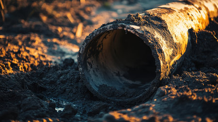 A rusty pipe lies on the ground, surrounded by dirt and grime, showcasing industrial decay in a serene outdoor setting illuminated by warm sunset light.の素材