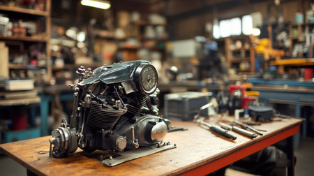 A detailed close-up of a vintage motorcycle engine displayed on a wooden workbench, surrounded by various tools, highlighting a rustic and creative workshop environment.の素材