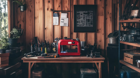 A cozy workshop filled with tools and a striking red craft machine set against wooden walls. This creative space is ideal for DIY enthusiasts and artisans.の素材