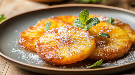 Enjoy a delightful presentation of caramelized pineapple slices topped with fresh mint, dusted with powdered sugar. Perfect for gourmet dessert ideas or summer recipes.の素材