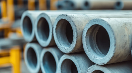 A detailed close-up of stacked concrete pipes in a construction yard, showcasing their texture and industrial setting. Ideal for projects related to construction and engineering.の素材