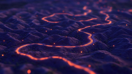 Experience a captivating night scene featuring a winding glowing pathway that illuminates rolling hills under a vast starry sky, evoking a sense of peace and adventure.の素材