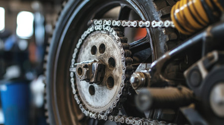 Capture the intricate details of a bicycle chain and gear system in a workshop. This close-up provides a glimpse into mechanical artistry and industrial design.の素材