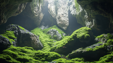 Discover the enchanting beauty of a rocky cave floor blanketed with vibrant green moss, illuminated by soft light, creating a serene atmosphere and unique landscape.の素材