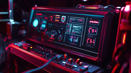 This image features advanced music production equipment illuminated with vibrant neon lights, set in a dark studio environment perfect for creative sound exploration.の素材