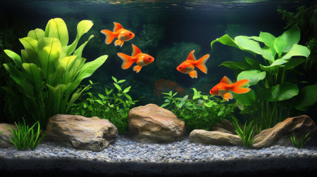 A vibrant aquarium scene showcasing goldfish swimming amidst lush green plants and natural stones, creating a serene and colorful underwater environment.の素材