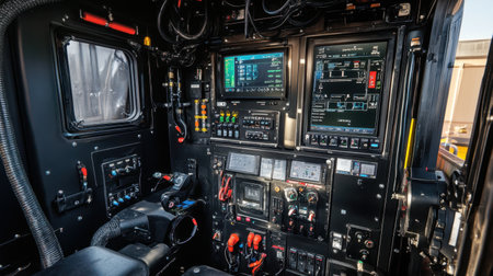 Detailed view of a control panel featuring advanced technology with screens and controls, highlighting the complexity and functionality of modern industrial machinery.の素材
