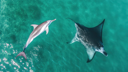 A breathtaking scene depicting a dolphin and a manta ray swimming harmoniously in clear turquoise waters, showcasing the beauty of marine life and the oceanic ecosystem.の素材