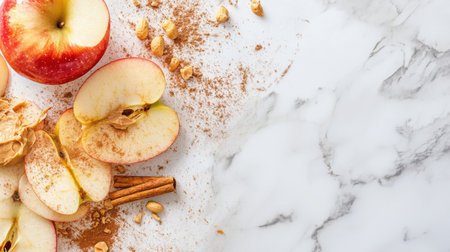 A vibrant display of fresh red apple slices surrounded by cinnamon sticks and spices on a sleek marble countertop, ideal for autumn recipes and culinary creations.の素材