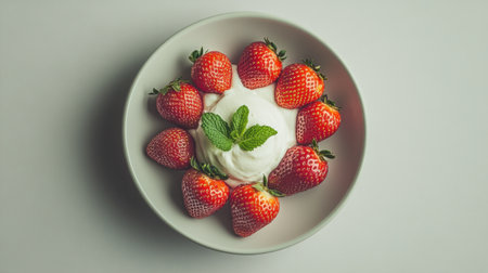 A vibrant arrangement of ripe strawberries surrounds a creamy dessert with mint leaves, creating an appealing and fresh culinary presentation perfect for summer gatherings.の素材