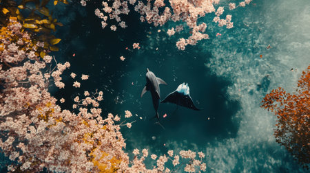 Two dolphins gracefully swim among delicate cherry blossoms in a peaceful underwater scene, highlighting the beauty of marine life and nature's harmony.の素材