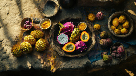 A stunning collection of exotic fruits beautifully arranged on a rustic wooden table, showcasing unique textures and colors in soft natural light, ideal for fresh food photography.の素材