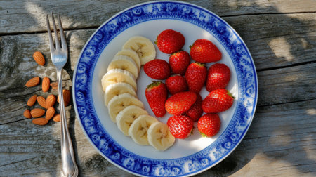A beautiful arrangement of sliced bananas and fresh strawberries on a decorative plate, accompanied by almonds, showcasing a healthy snack option on a rustic wooden table.の素材