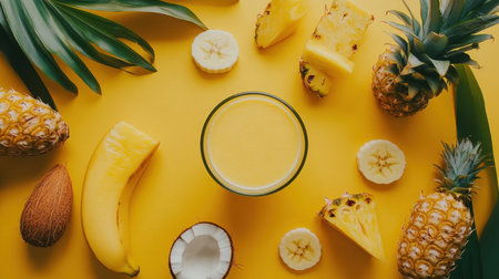 A delightful arrangement of tropical fruits including pineapple, banana, and coconut, alongside a refreshing smoothie on a vibrant yellow surface, promoting healthy living.の素材