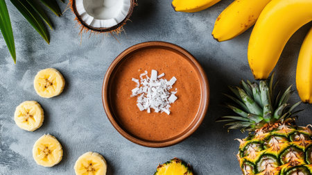 This vibrant coconut chocolate smoothie bowl features fresh bananas and pineapples, topped with shredded coconut, perfect for a healthy and delicious treat.の素材