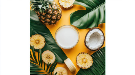 A vibrant flat lay featuring fresh tropical ingredients including coconut, pineapple, banana slices, and milk, beautifully arranged on a bright yellow background.の素材