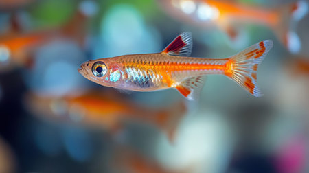A stunning close-up shot of an orange freshwater fish swimming gracefully in a vibrant aquatic environment, showcasing its colorful fins and lively movement.の素材