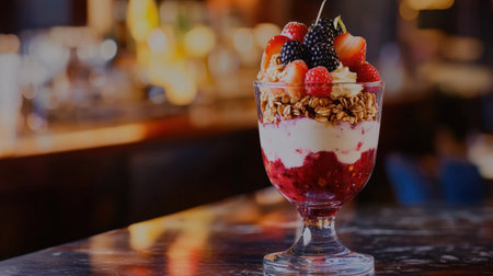 A visually stunning dessert featuring layers of creamy yogurt, crunchy granola, and a medley of fresh berries, perfect for a refreshing snack or a sweet treat.の素材