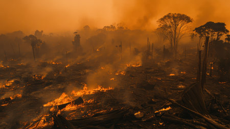 This image captures the intense devastation caused by a wildfire in a forest, showcasing flames consuming trees and creating a thick smoke haze over the landscape.の素材