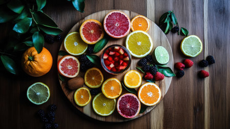 A vibrant display of fresh citrus fruits and berries arranged artfully on a wooden board, perfect for promoting healthy eating and inspiring culinary creativity.の素材