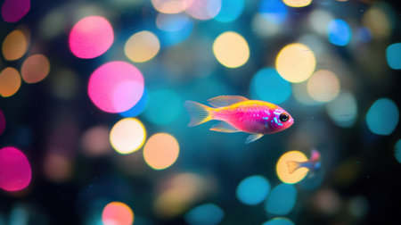 A mesmerizing scene of a colorful fish gracefully swimming through an aquarium, surrounded by enchanting bokeh lights and reflections, creating an artistic atmosphere.の素材