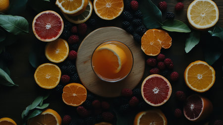 A vibrant overhead view of a refreshing citrus beverage at the center, surrounded by a colorful arrangement of oranges, raspberries, and blackberries, inviting a lively atmosphere.の素材