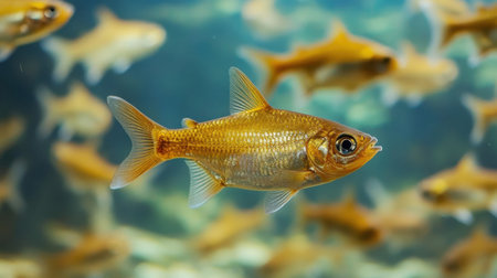 A stunning golden fish glides effortlessly through a serene underwater world, surrounded by a school of colorful fish in a tranquil aquatic environment.の素材
