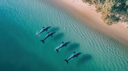A breathtaking aerial view captures a group of dolphins swimming near a sandy beach, showcasing the stunning colors of clear blue water and nature's beauty.の素材