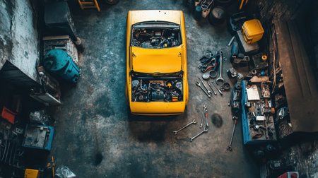 A vibrant yellow car sits in a cluttered workshop, surrounded by various tools and equipment for repairs. The overhead view captures the organized chaos of a mechanic's space.の素材