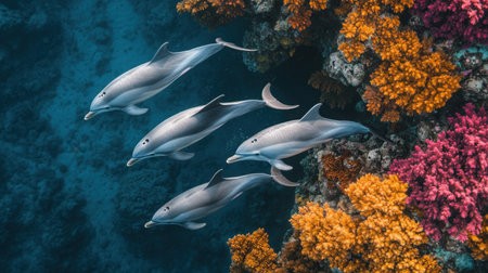 Experience the beauty of marine life with this stunning image of dolphins swimming above a colorful coral reef in clear tropical waters, showcasing vibrant ecosystems.の素材