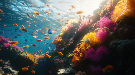 Explore the vibrant underwater world featuring stunning coral reefs and a diverse array of tropical fish, all set against the serenity of clear blue ocean waters.の素材